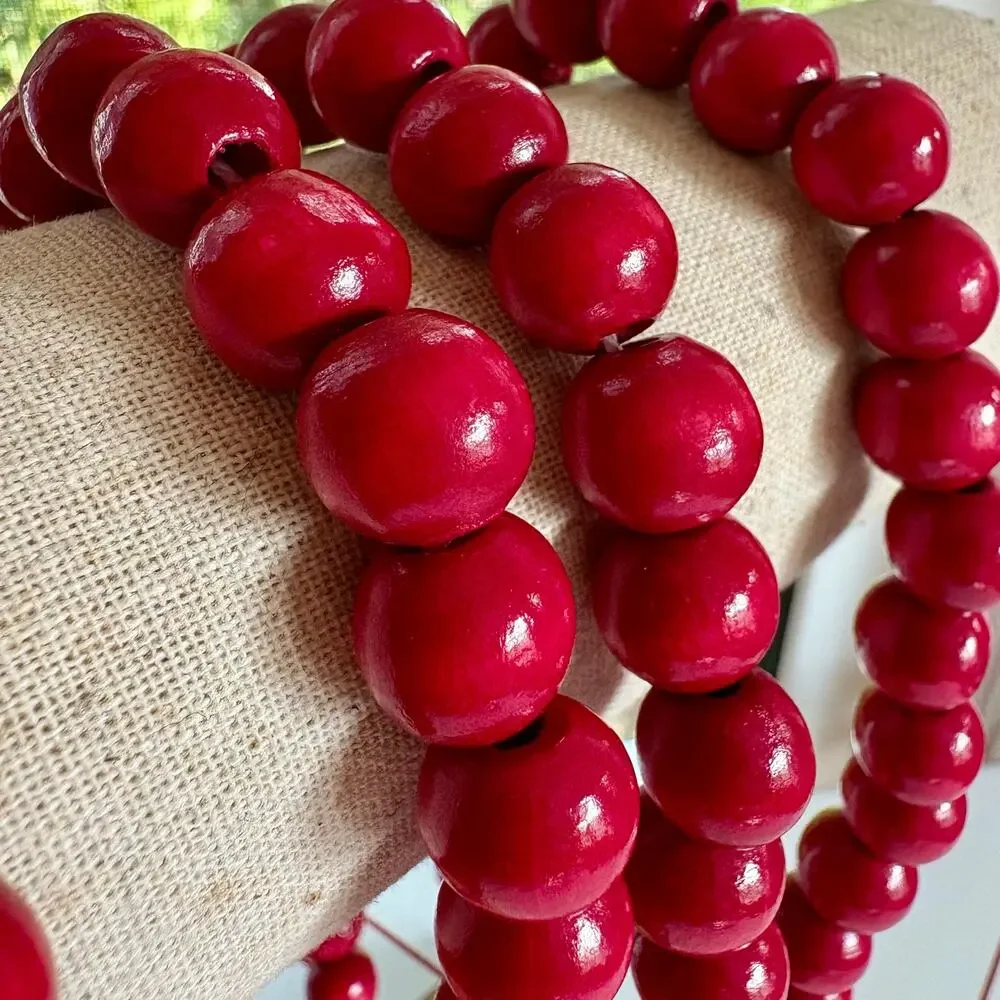 Vintage Bright Red Wooden Bead Garland 12 Ft Rustic Farmhouse Decor